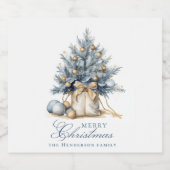 Elegante Vrolijke Kerstboom Goud Blauw Aangepaste  Sparkling Wijnetiket (Enkel label)