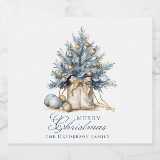 Elegante Vrolijke Kerstboom Goud Blauw Aangepaste  Sparkling Wijnetiket (Enkel label)