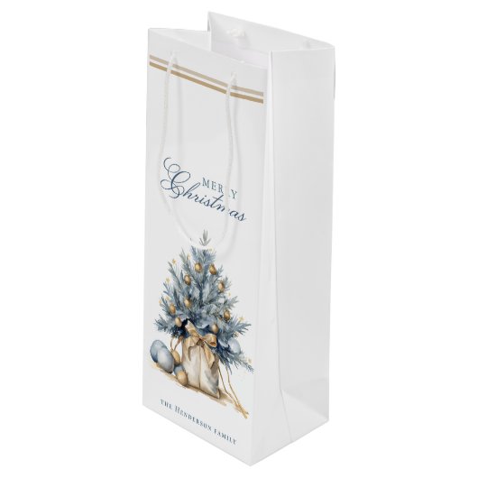 Elegante Vrolijke Kerstboom Goud Blauw Aangepaste  Wijn Cadeautas (Voorkant Gekanteld)