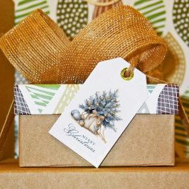 Elegante Vrolijke Kerstboom Goud Blauw Waterverf Cadeaulabel