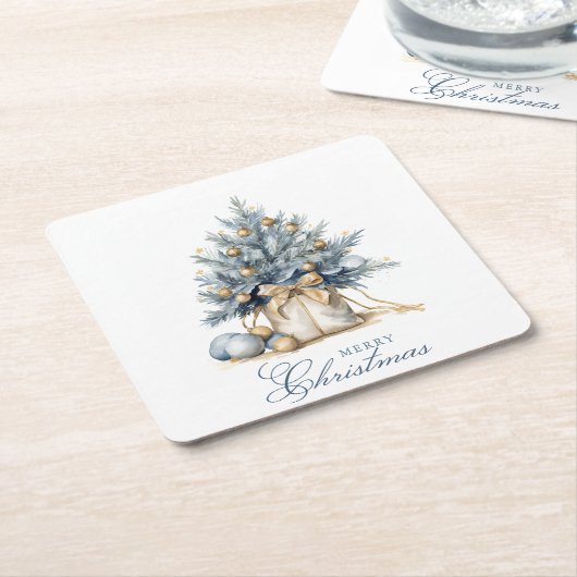 Elegante Vrolijke Kerstboom Goud Blauw Waterverf Kartonnen Onderzetters (Schuin)