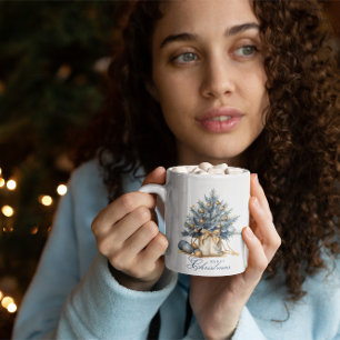 Elegante Vrolijke Kerstboom Goud Blauw Waterverf Koffiemok