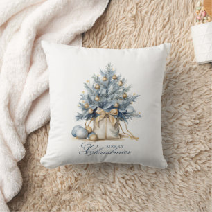 Elegante Vrolijke Kerstboom Goud Blauw Waterverf Kussen