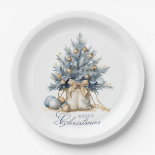 Elegante Vrolijke Kerstboom Goud Blauw Waterverf Papieren Bordje