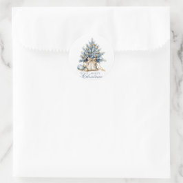 Elegante Vrolijke Kerstboom Goud Blauw Waterverf Ronde Sticker
