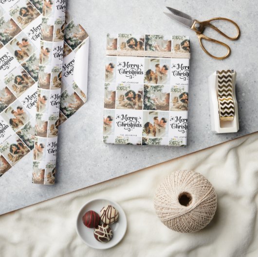Elegante vrolijke kerstfamilie 3 foto collage cadeaupapier (Crafts)