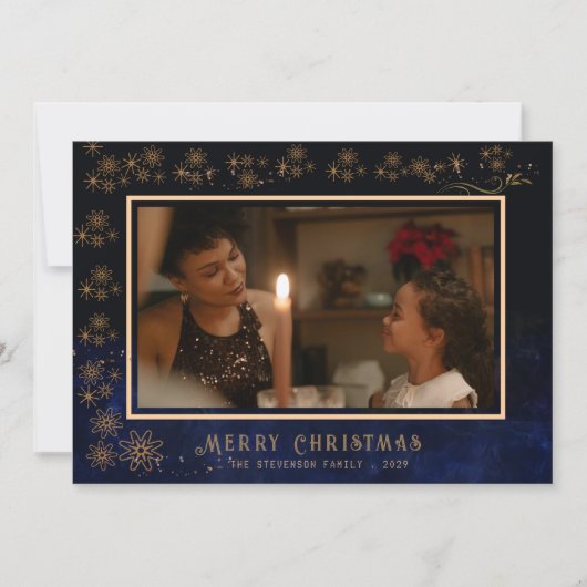 Elegante vrolijke kerstfoto blauw feestdagenkaart (Voorkant)