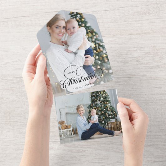 Elegante vrolijke kerstkalligrafie 1-Foto All In One Uitnodiging (Afscheurbaar)