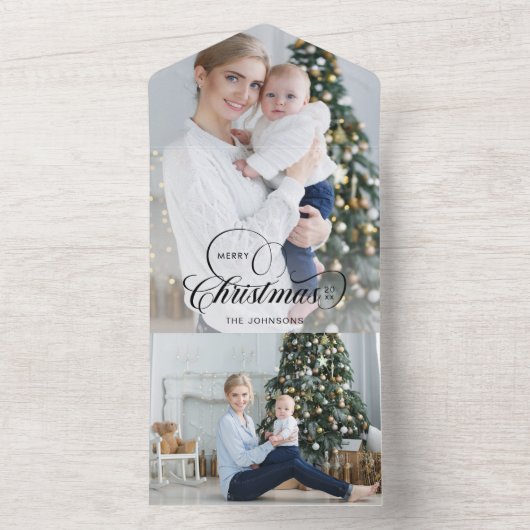 Elegante vrolijke kerstkalligrafie 1-Foto All In One Uitnodiging (Binnen)