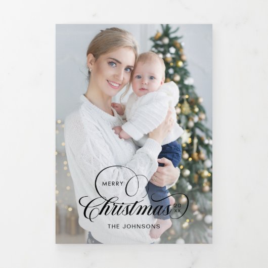 Elegante vrolijke kerstkalligrafie 1-Foto Drieluik Wenskaart (Cover)