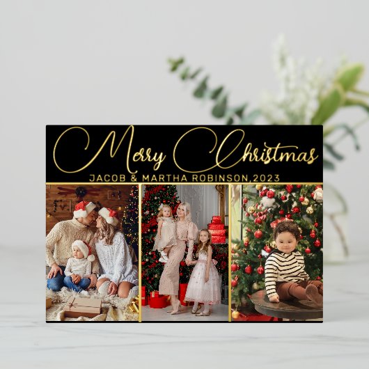Elegante Vrolijke Kerstmis Multi Foto Folie Vakant Folie Feestdagenkaart (Staand Voorkant)