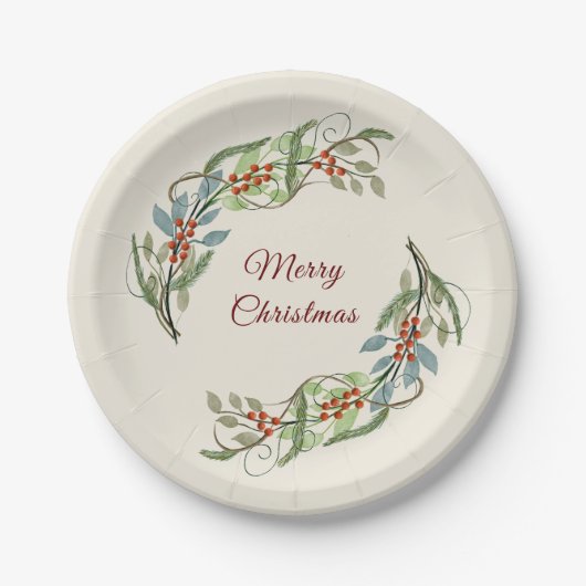 Elegante Vrolijke Kerstmiskrans Botanisch Papieren Bordje (Voorkant)