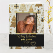 Elegante Vrolijke Kersttante Zwart en Goud Foto Kaart (Gele Bloem)