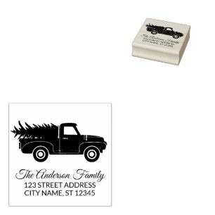Elegante vrolijke kersttruck en -boom rubberstempel
