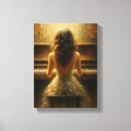 Elegante vrouw aan piano in gouden licht canvas afdruk