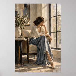 Elegante vrouw bij zonovergoten raam Romantische w Poster