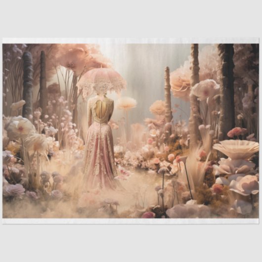 Elegante vrouw & een parasol, roze wilde bloemen tissuepapier (Voorkant)