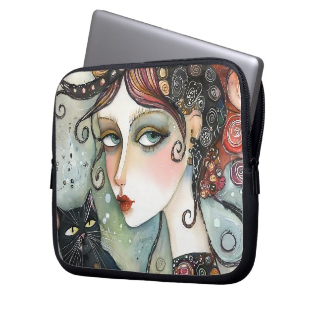 Elegante vrouw en kat laptop en tablet Sleeve (Voorkant Links)