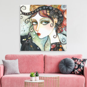 Elegante Vrouw en Kat Stretched Canvas Print