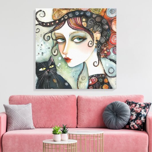 Elegante Vrouw en Kat Stretched Canvas Print (Insitu (Woonkamer))