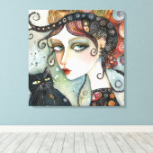 Elegante Vrouw en Kat Stretched Canvas Print (Insitu (Houten vloer))