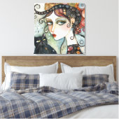 Elegante Vrouw en Kat Stretched Canvas Print (Insitu (Slaapkamer))