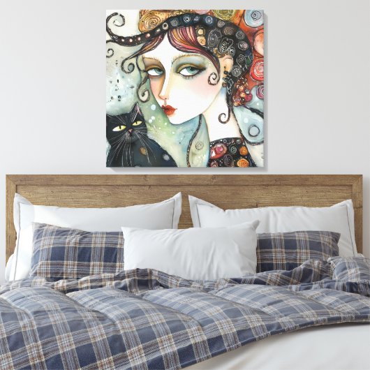 Elegante Vrouw en Kat Stretched Canvas Print (Insitu (Slaapkamer))