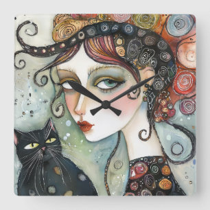 Elegante vrouw en kattenklok vierkante klok