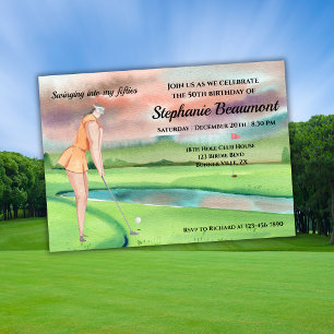 Elegante vrouw golfspeler zwaait 50e verjaardag kaart