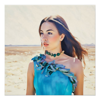 Elegante vrouw in blauwe jurk perfect poster