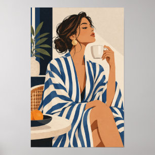 Elegante vrouw in blauwe strepen met koffie aan de poster