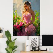 Elegante vrouw in bloementuin in impressionistisch poster (Thuiskantoor)