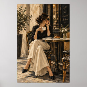 Elegante vrouw in café met koffie en croissant Wa Poster