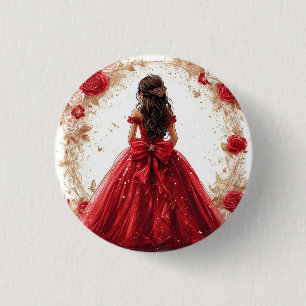Elegante vrouw in een rode jurk omringd door rozen ronde button 3,2 cm