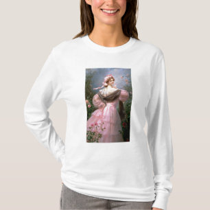 Elegante vrouw in een roos tuin t-shirt