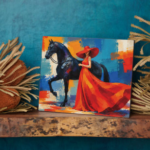 Elegante vrouw in het rood met zwart paard fotoplaat