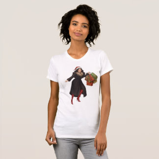 Elegante vrouw in kerstmuts trekt kerstboom t-shirt