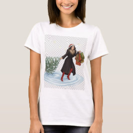 Elegante vrouw in kerstmuts trekt kerstboom t-shirt