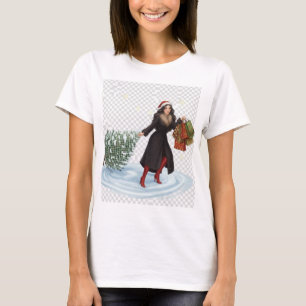 Elegante vrouw in kerstmuts trekt kerstboom t-shirt