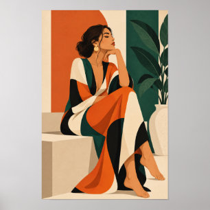 Elegante vrouw in oranje en groene botanische muur poster