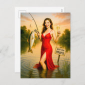 Elegante vrouw in rode jurk met grote vis feestdagenkaart (Voorkant / Achterkant)