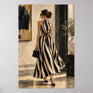 Elegante vrouw in zwart-wit gestreepte jurk Muur Poster