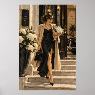 Elegante vrouw in zwarte jurk Luxe mode Figuur Poster