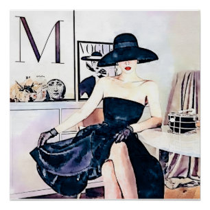 Elegante vrouw in zwarte jurk zonder bandjes perfect poster