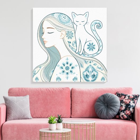 Elegante vrouw & kat Bloemen Art Nouveau Design Canvas Afdruk (Insitu (Woonkamer))