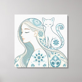 Elegante vrouw & kat Bloemen Art Nouveau Design Canvas Afdruk