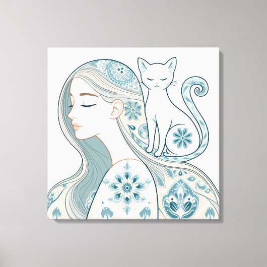 Elegante vrouw & kat Bloemen Art Nouveau Design Canvas Afdruk (Voorkant)