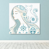 Elegante vrouw & kat Bloemen Art Nouveau Design Canvas Afdruk (Insitu (Houten vloer))