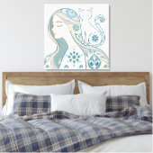 Elegante vrouw & kat Bloemen Art Nouveau Design Canvas Afdruk (Insitu (Slaapkamer))