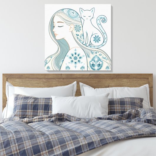 Elegante vrouw & kat Bloemen Art Nouveau Design Canvas Afdruk (Insitu (Slaapkamer))